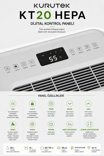 KT20 (Wi-Fi + ION + HEPA) Nem Alma ve Hava Temizleme Cihazı Standart Garanti