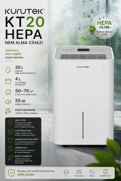 KT20 (Wi-Fi + ION + HEPA) Nem Alma ve Hava Temizleme Cihazı Standart Garanti
