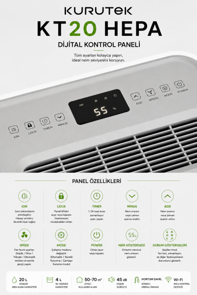 KT20 (Wi-Fi + ION + HEPA) Nem Alma ve Hava Temizleme Cihazı Standart Garanti