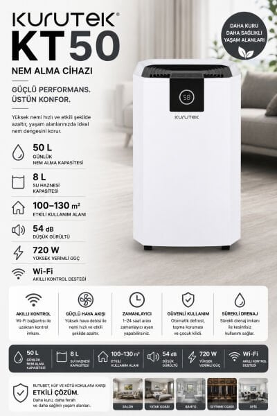 KT50 (Wi-Fi + ION ) Nem Alma ve Hava Temizleme Cihazı Ek 1 Yıl Garanti