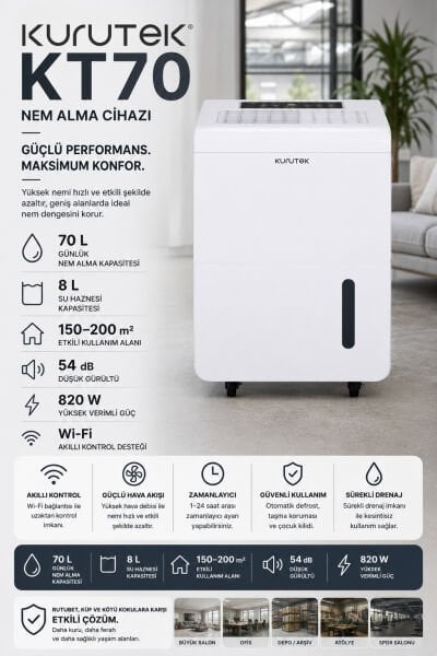 KT70 (Wi-Fi + ION) Nem Alma ve Hava Temizleme Cihazı Standart Garanti
