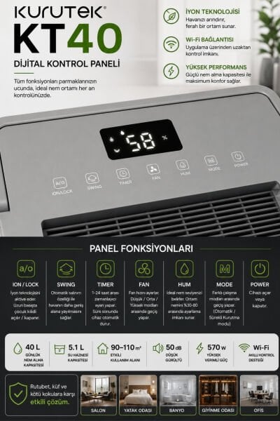 KT40 (Wi-Fi + ION) Ev Tipi Nem Alma ve Hava Temizleme Cihazı