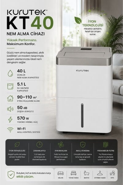 KT40 (Wi-Fi + ION) Ev Tipi Nem Alma ve Hava Temizleme Cihazı