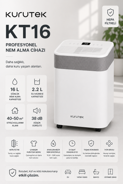 KT16 (Wi-Fi + ION + HEPA) Nem Alma ve Hava Temizleme Cihazı Standart Garanti