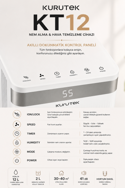 KT12 (Wi-Fi + ION) Nem Alma ve Hava Temizleme Cihazı