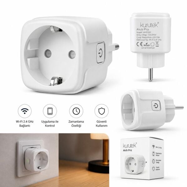 KURUTEK Akıllı Priz WiFi 16A 3680W – Uzaktan Kontrol, Enerji Takipli
