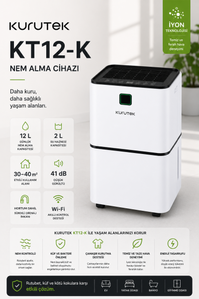 KT12-K (Wi-Fi + ION) Nem Alma ve Hava Temizleme Cihazı