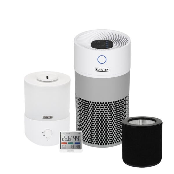 HT35 Hava Temizleme Cihazı + HT35 Uyumlu 2 Aşamalı Filtre (H13 HEPA + Aktif Karbon Filtre) + KN 2.5 Mini Nemlendirici + Nem Ölçer