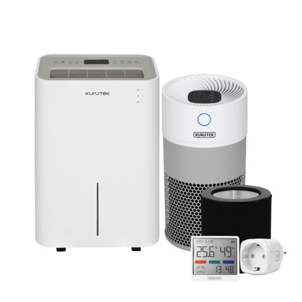 KT20 (Wi-Fi + ION + HEPA) Nem Alma ve Hava Temizleme Cihazı  + HT35 Hava Temizleme Cihazı +  HT35 Uyumlu 2 Aşamalı Filtre (H13 HEPA + Aktif Karbon Filtre) +  MBS-16 Nem ve Sıcaklık Ölçer Termometre + Akıllı Priz WiFi 16A 3680W
