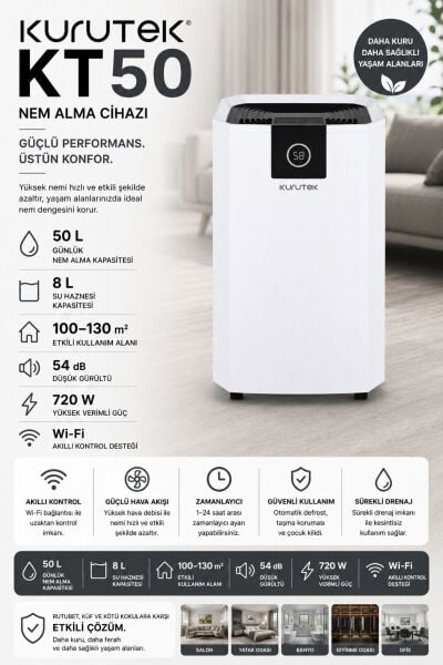 OUTLET KT50 (Wi-Fi + ION ) Nem Alma ve Hava Temizleme Cihazı Standart Garanti