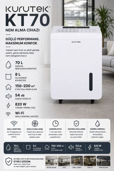 OUTLET KT70 (Wi-Fi + ION) Nem Alma ve Hava Temizleme Cihazı Standart Garanti